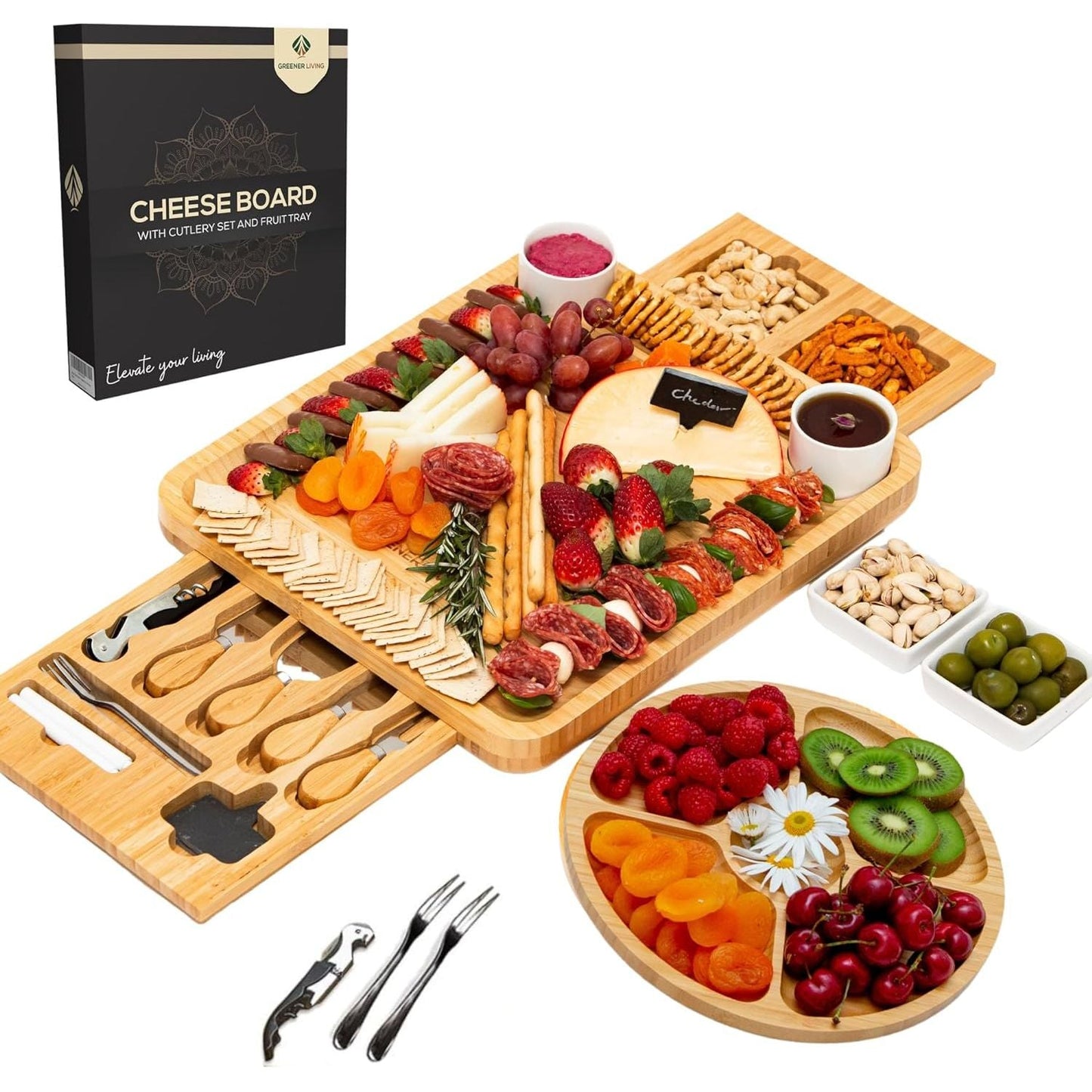 Premium Bamboo Charcuterie Board Set with Pull-Out Drawers and Serving Accessories