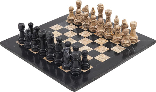 RADICALn 38cm Handmade Black and Fossil Coral Marble Full Chess Game Original Marble Chess Set