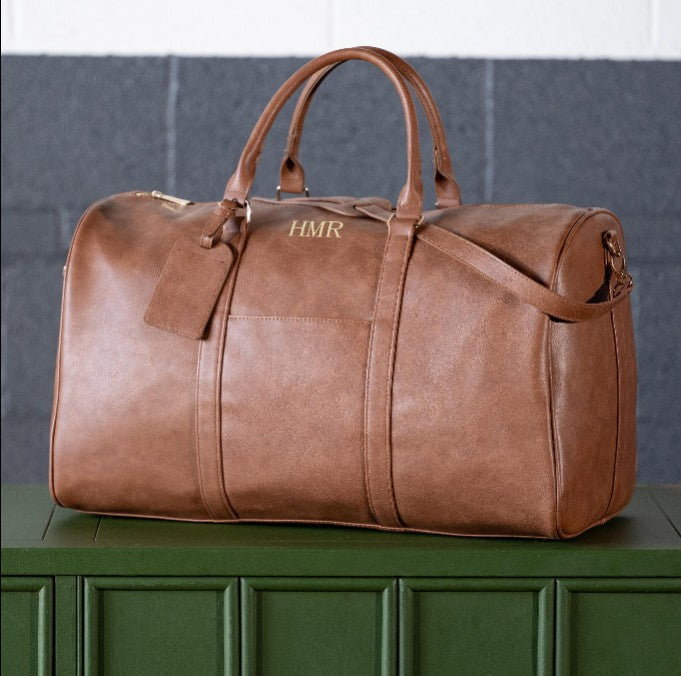 Personalised Leather Weekender Bag – Custom Monogram Travel Duffle for Men