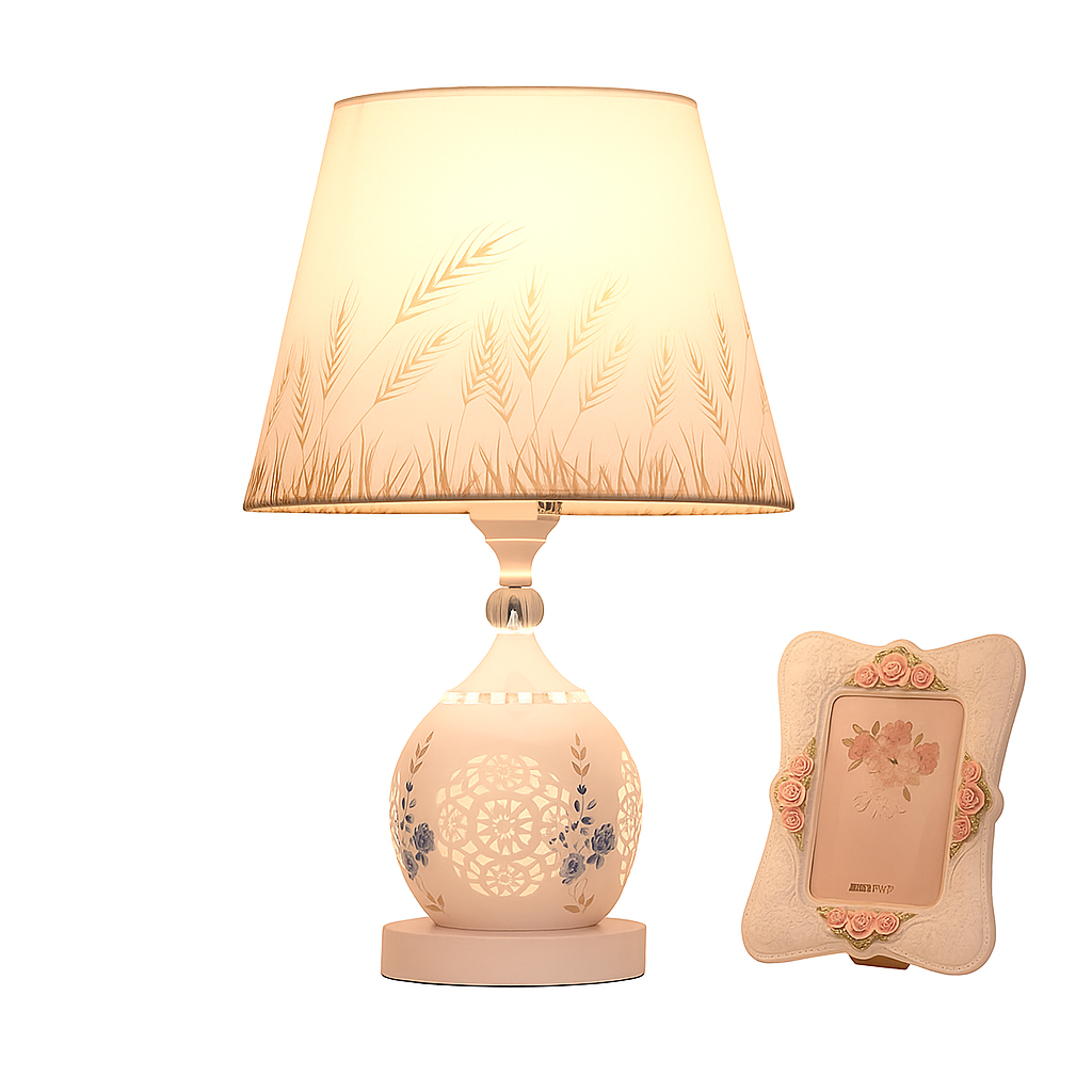 Crystal Table Lamp – European-Style Bedside Light with Fabric Shade and Resin Base