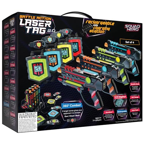 Squad Hero Rechargeable Laser Tag 360° Sensors + LCDs, 4 Set - Gift Ideas for Kids Teens and Adults Boys & Girls Family Fun - Cool Teenage Christmas Group Activity - Teen Gifts Ages 8+ Year Old Boy