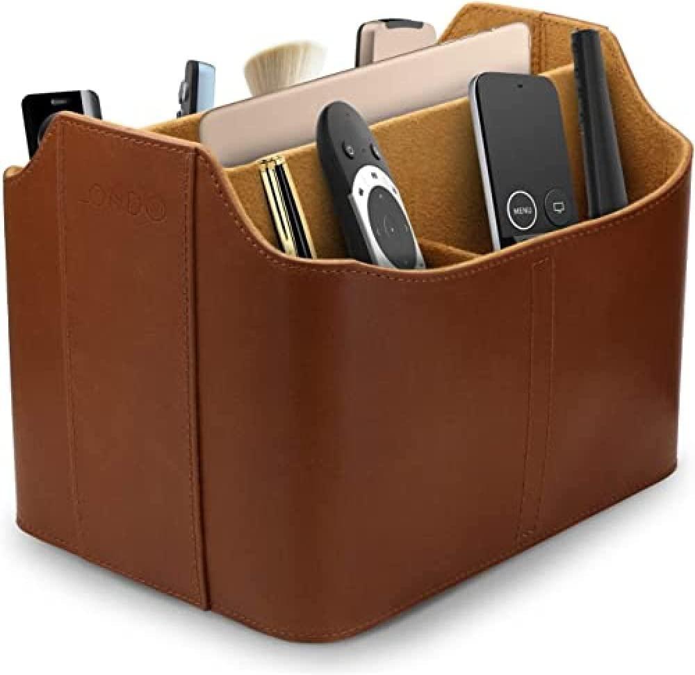 Leather Remote Control Organizer and Caddy with Tablet Slot