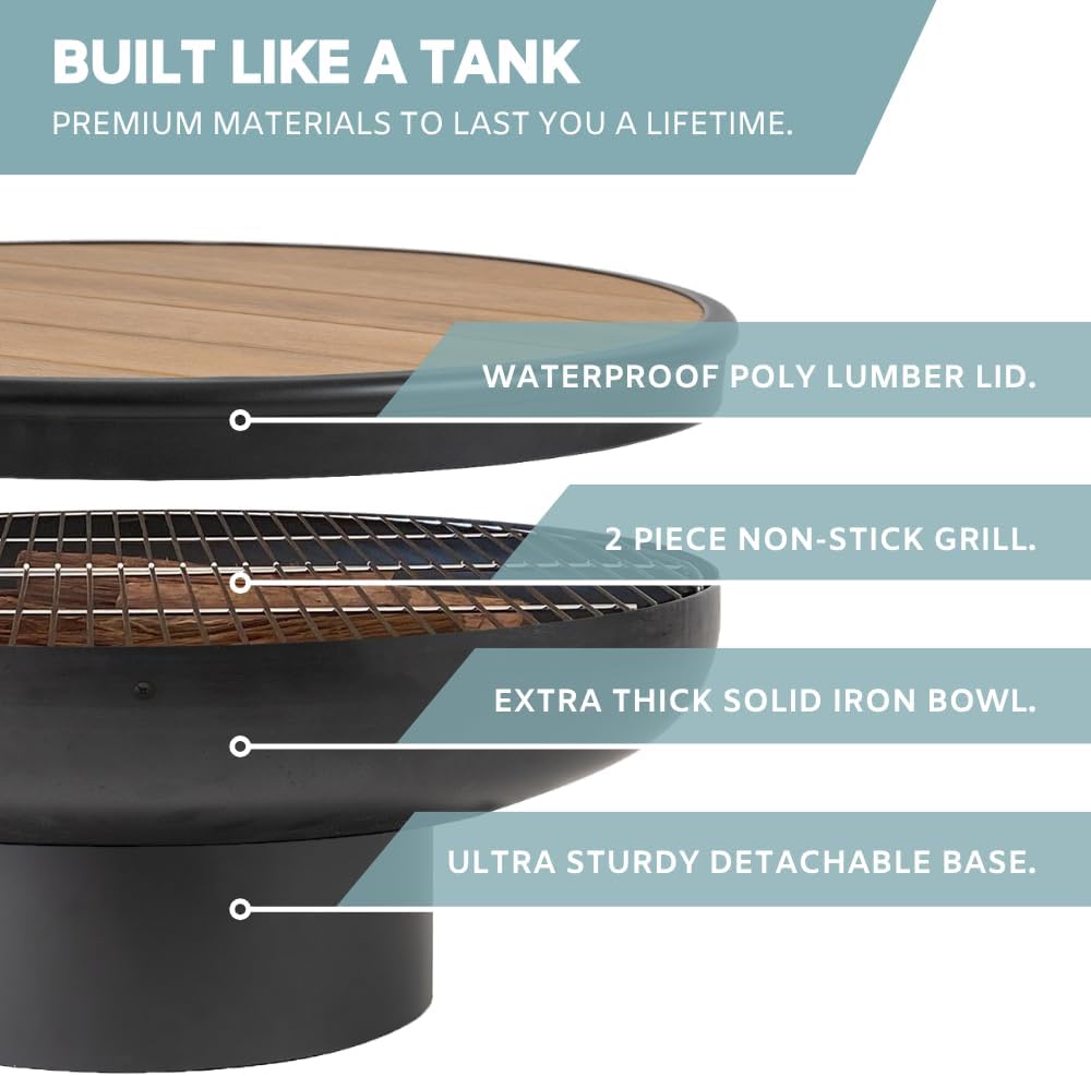 DENKOE 32 Inch Round Fire Pit Table with Fire Pit Grill