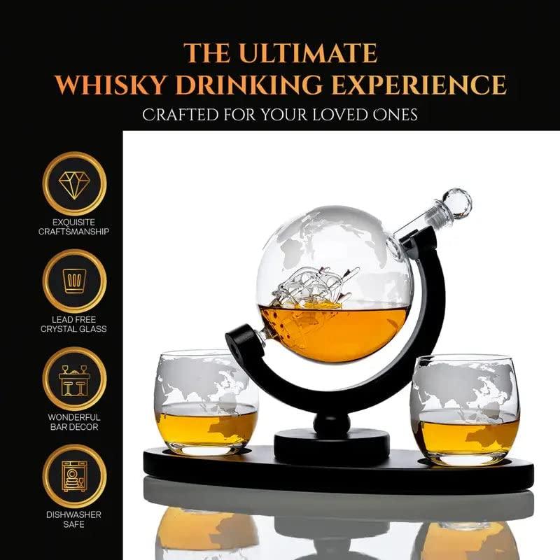 Don Vassie Etched Globe Whisky Decanter Set + 2 Whisky Glasses 10 Oz