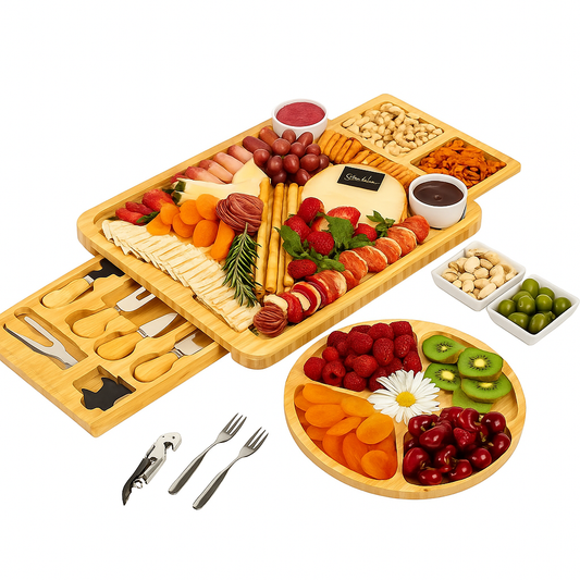 Premium Bamboo Charcuterie Board Set with Pull-Out Drawers and Serving Accessories