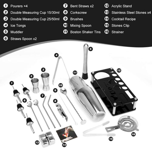 23-Piece Cocktail Shaker Set — Stainless Steel Bartender Kit with Stand & Recipe Book