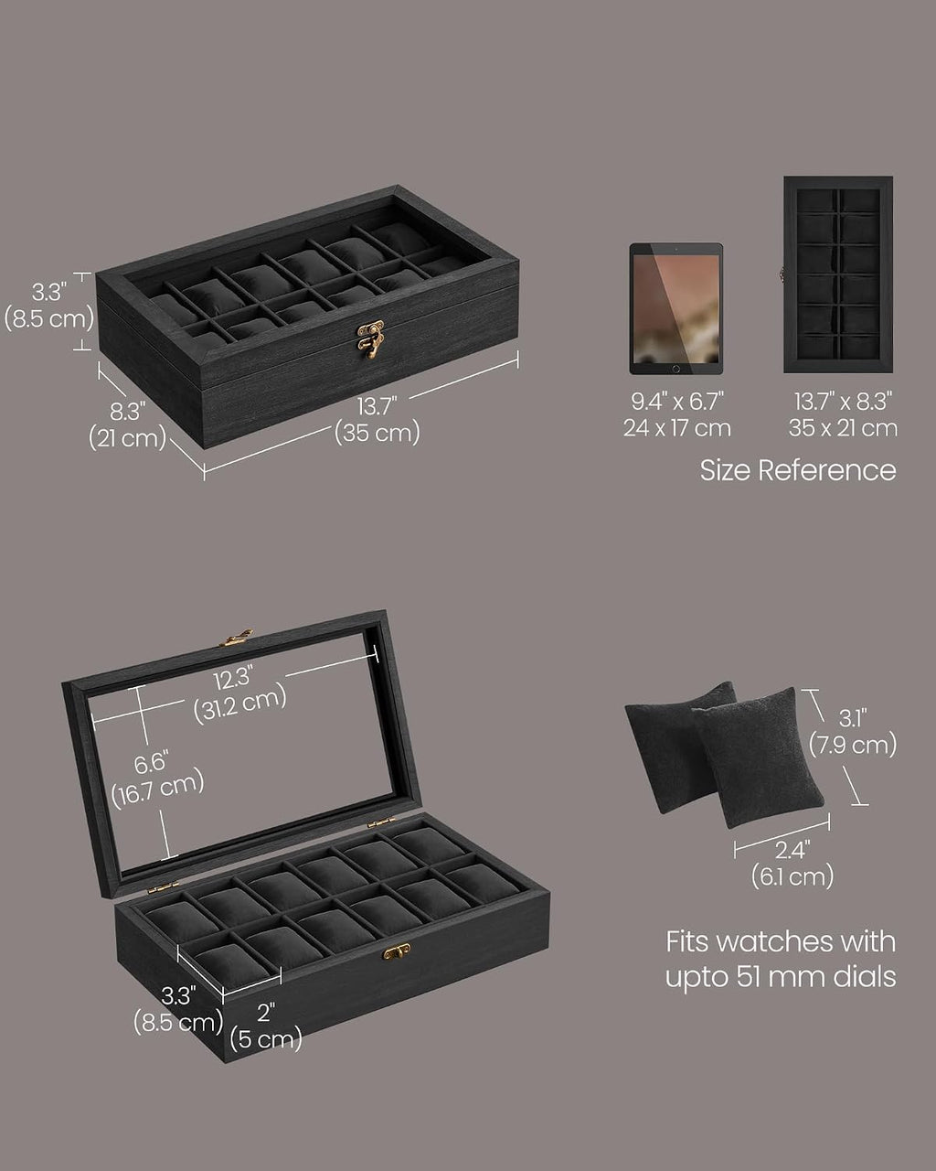 Valcourt™ Solid Wood Watch Box — 12 Slots with Glass Lid