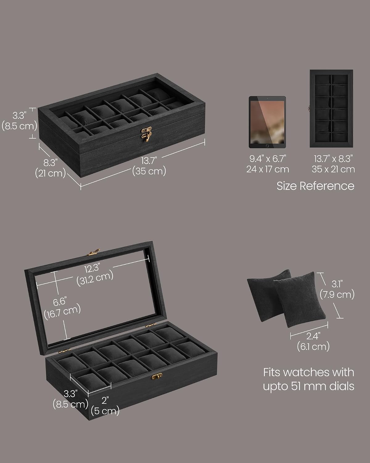 Valcourt™ Solid Wood Watch Box — 12 Slots with Glass Lid