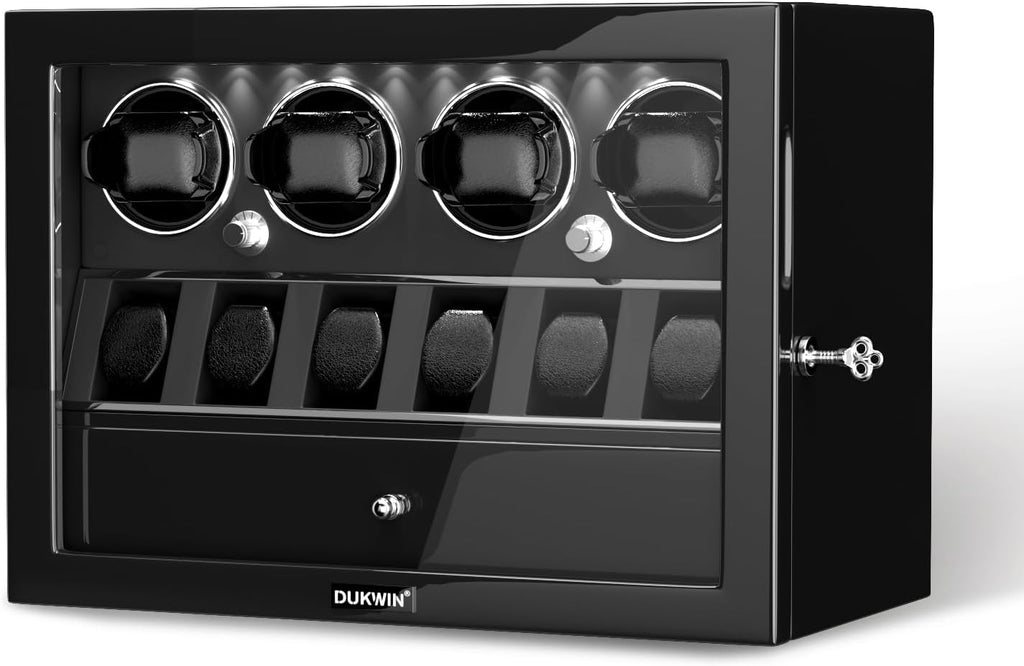 Rotare™ Dual Watch Winder — Lockable, LED-Lit, Holds 2 + 3 Storage