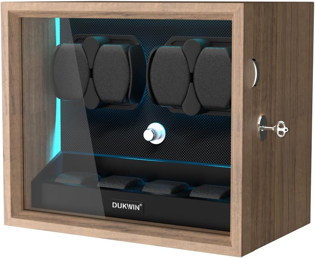 Rotare™ Grand Watch Winder — Wood Cabinet, 4 Winders + 6 Storage, Blue Backlight