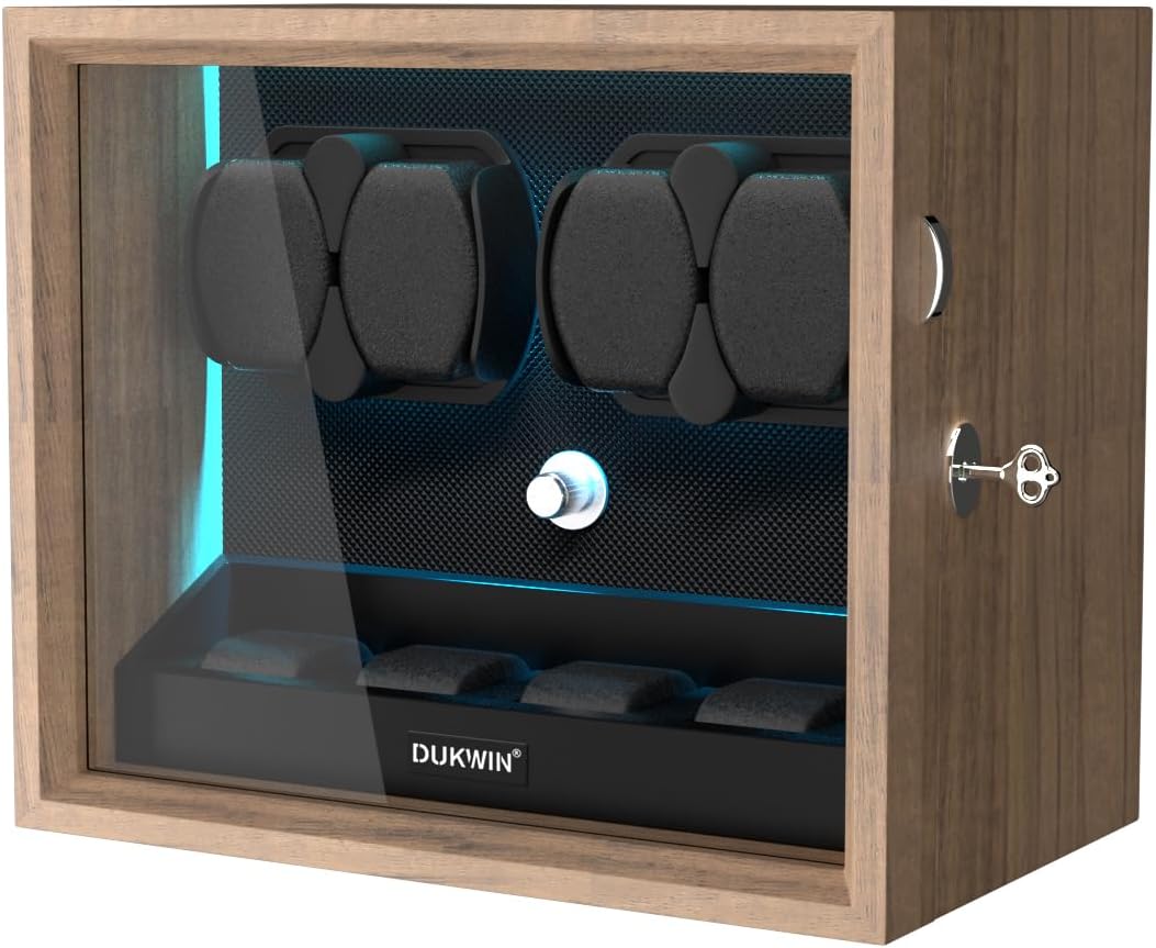 Rotare™ Grand Watch Winder — Wood Cabinet, 4 Winders + 6 Storage, Blue Backlight