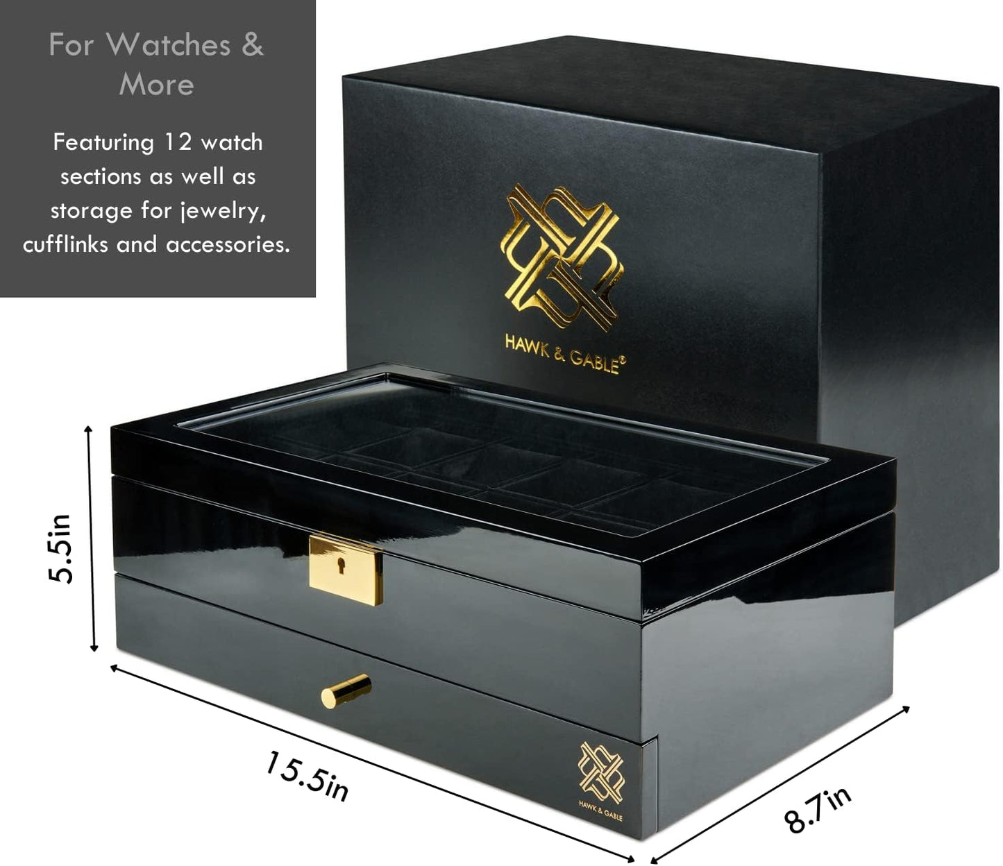 Luxury 12-Slot Watch Box Organizer – Lockable Glass Display Case with Velvet Lining