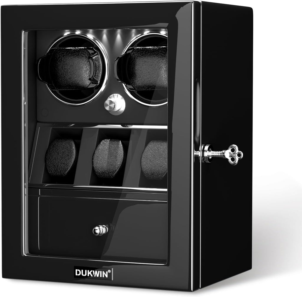 Rotare™ Dual Watch Winder — Lockable, LED-Lit, Holds 2 + 3 Storage