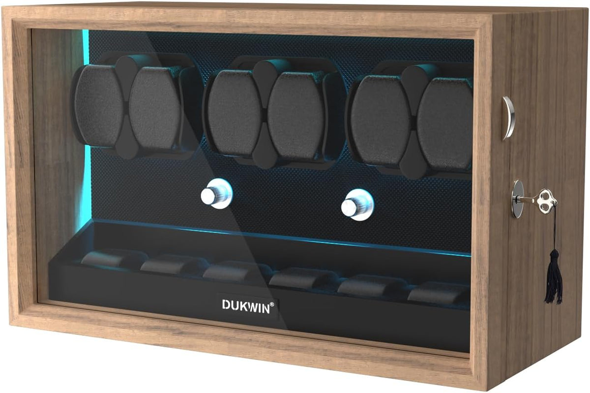 Rotare™ Grand Watch Winder — Wood Cabinet, 4 Winders + 6 Storage, Blue Backlight