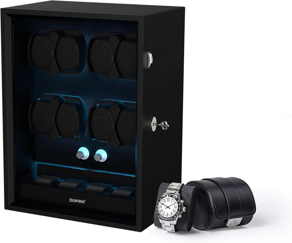 Rotare™ Grand Watch Winder — Wood Cabinet, 4 Winders + 6 Storage, Blue Backlight