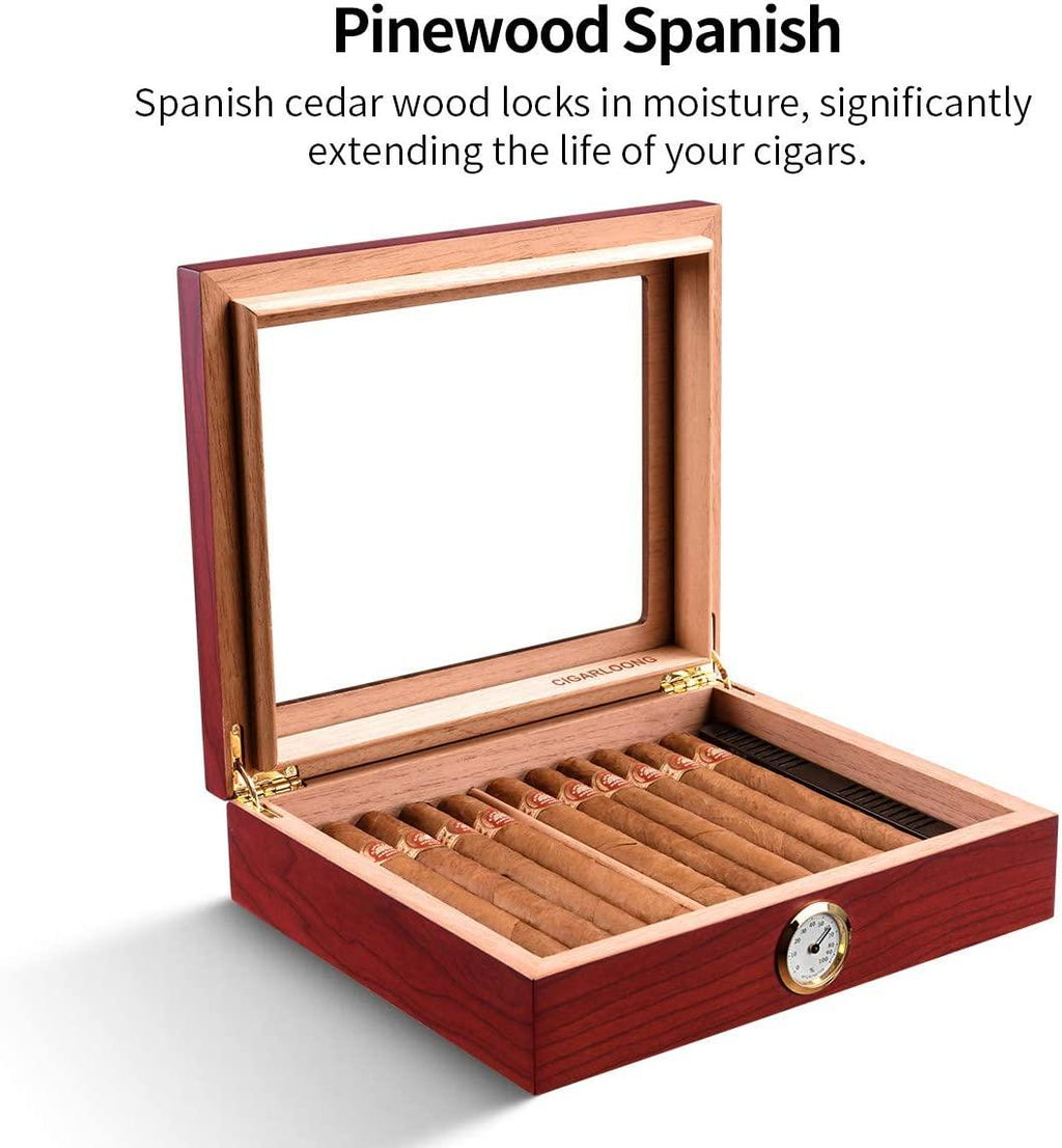 CIGARLOONG Cigar Humidor Spanish Cedar Desktop Box with Humidifier and