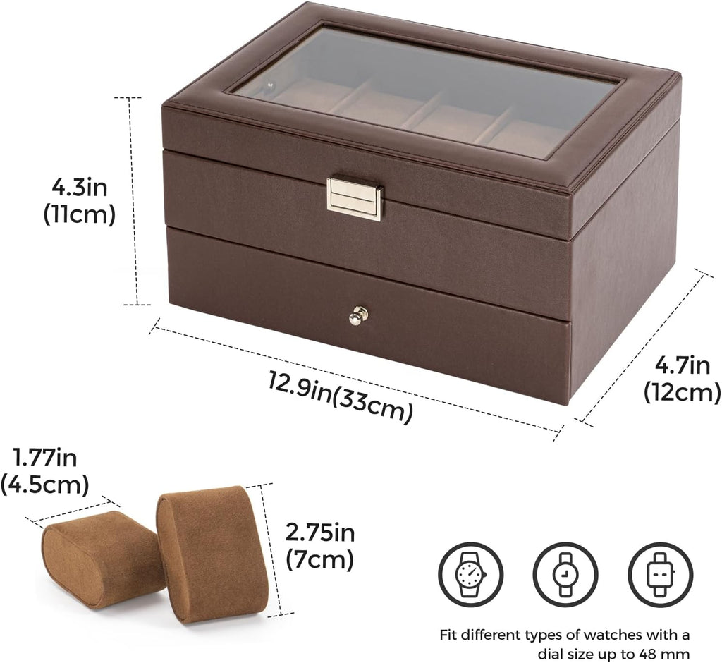 Valcourt™ 10-Slot Watch & Valet Box — Espresso, with Drawer