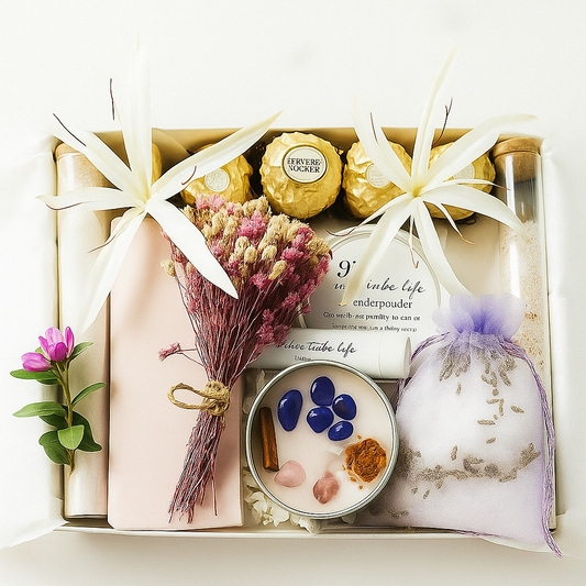 Lavender Self-Care Gift Box – Relaxation Set with Candle, Bath Salts, Soap and Chocolates