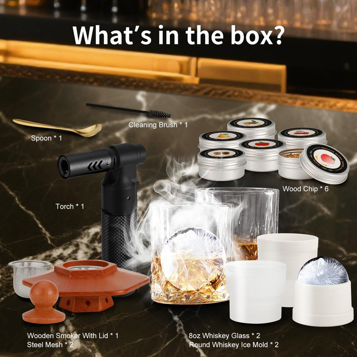 Emberton™ Whisky Smoker Kit — 6 Wood Flavours, 2 Glasses & Ice Ball Moulds