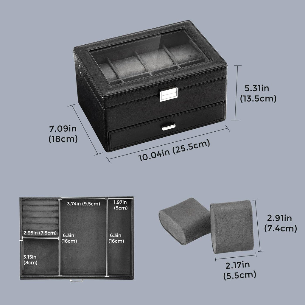 Valcourt™ 8-Slot Watch & Jewellery Box — Glass Lid with Drawer, Black