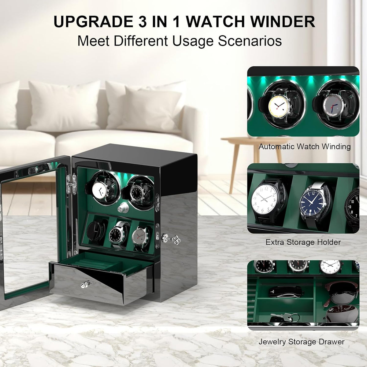 Rotare™ Dual Watch Winder — Lockable, LED-Lit, Holds 2 + 3 Storage