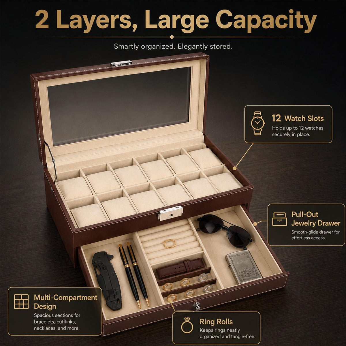Valcourt™ Lockable 12-Slot Watch Box — 2-Tier, Brown