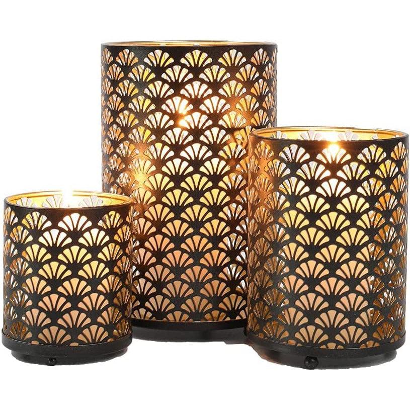 Set of 3 Metal Candle Holders Bronze Hurricane Pillar Candleholder