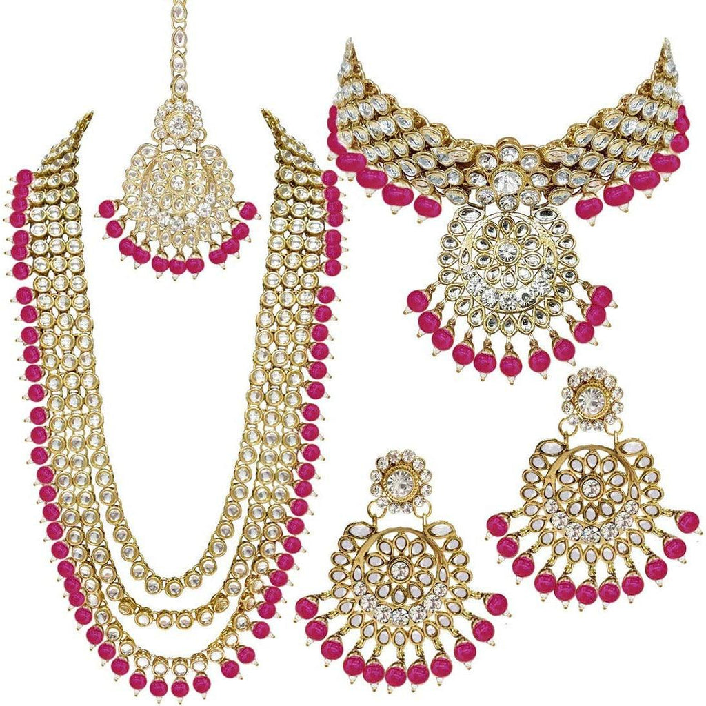 Indian Wedding Kundan Beaded Bridal Long Choker Necklace Earrings with