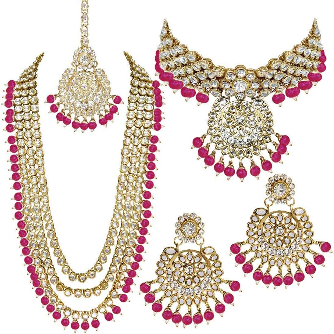 Indian Wedding Kundan Beaded Bridal Long Choker Necklace Earrings with