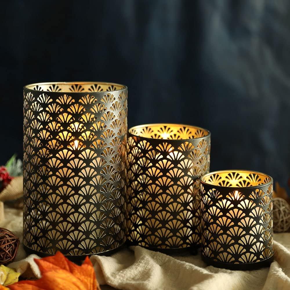 Set of 3 Metal Candle Holders Bronze Hurricane Pillar Candleholder