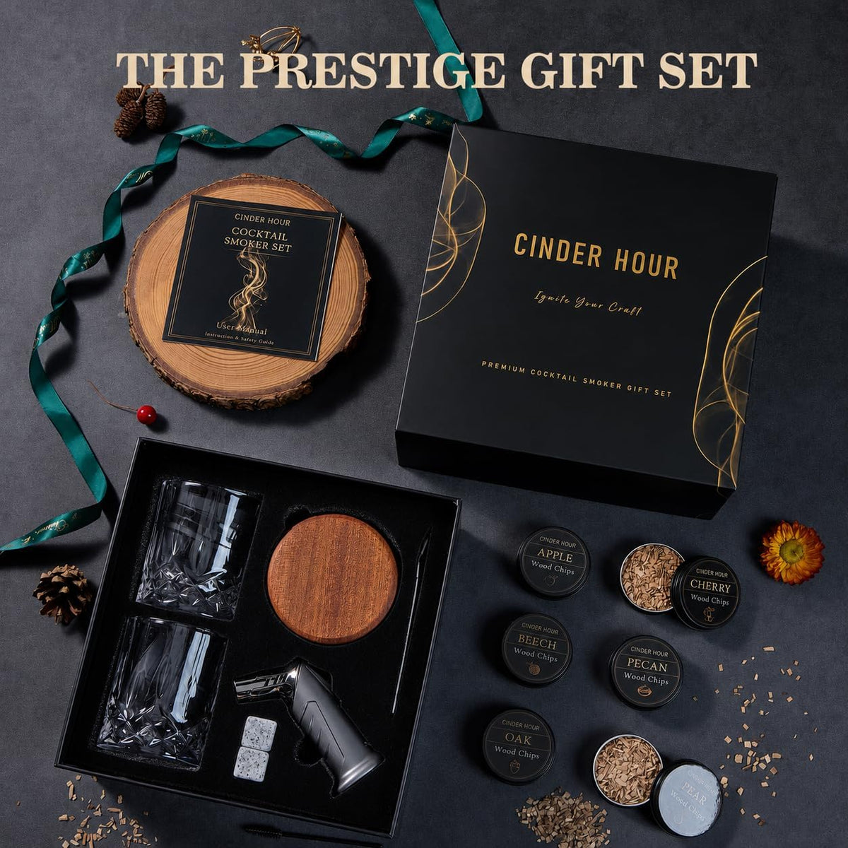 Emberton™ Whisky Smoker Gift Set — Torch, 2 Glasses & Whisky Stones