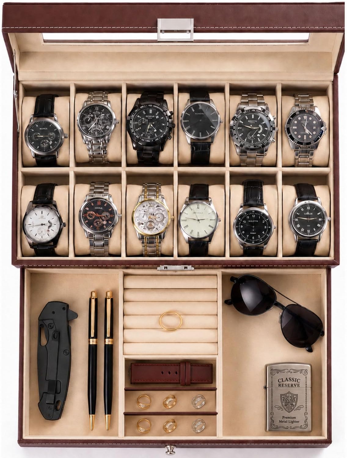 Valcourt™ Lockable 12-Slot Watch Box — 2-Tier, Brown