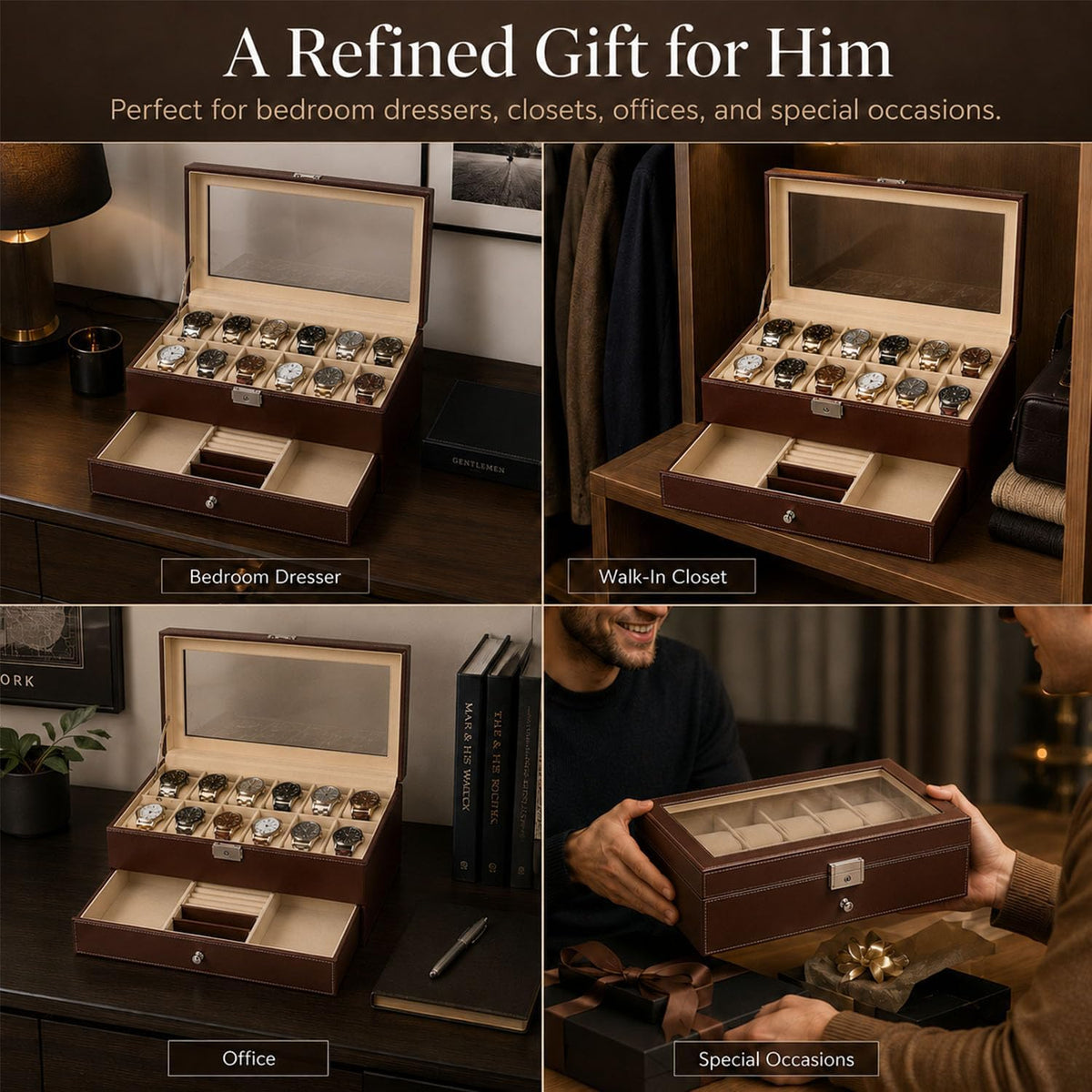 Valcourt™ Lockable 12-Slot Watch Box — 2-Tier, Brown