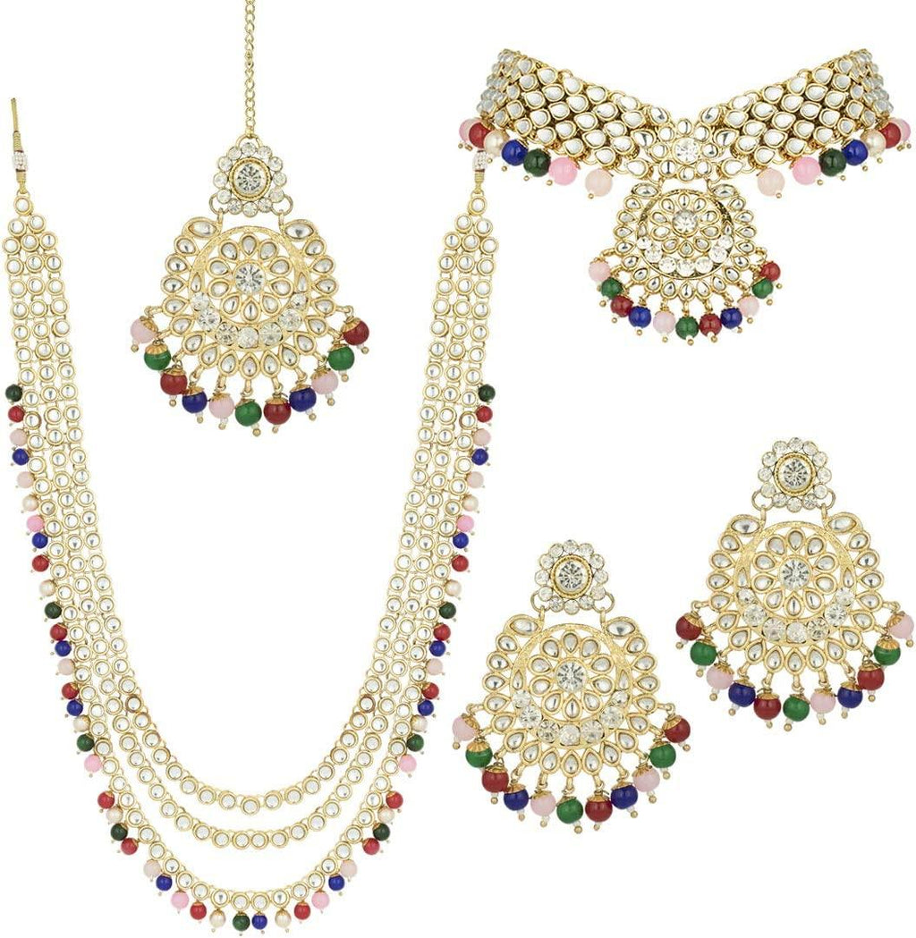 Indian Wedding Kundan Beaded Bridal Long Choker Necklace Earrings with