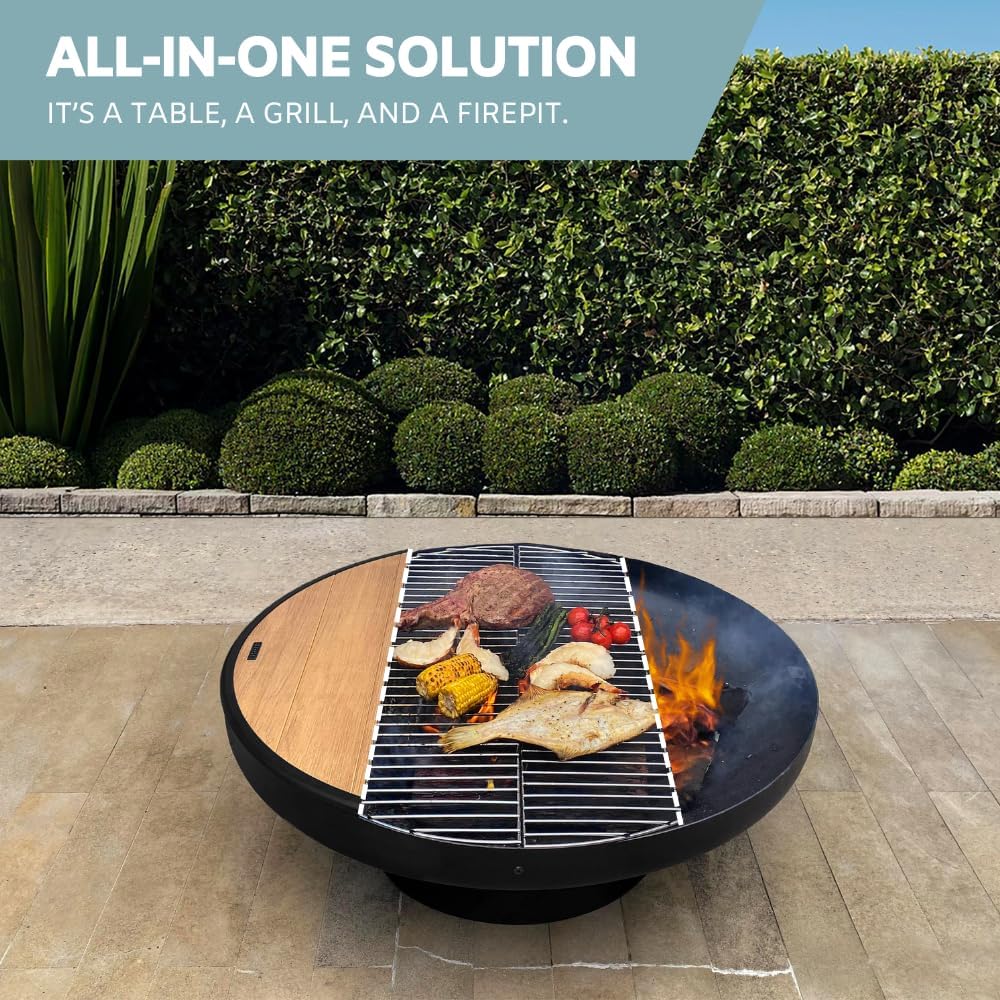 DENKOE 32 Inch Round Fire Pit Table with Fire Pit Grill