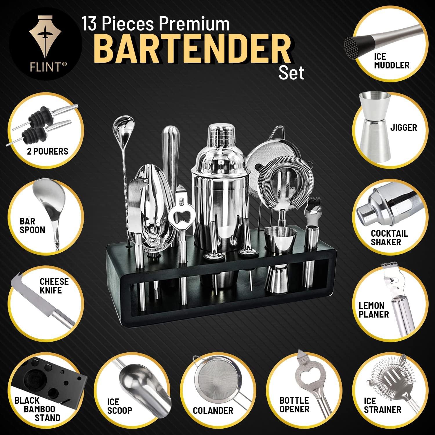 13-Piece Cocktail Bar Set — Stainless Steel Bartender Kit with Recipe Book