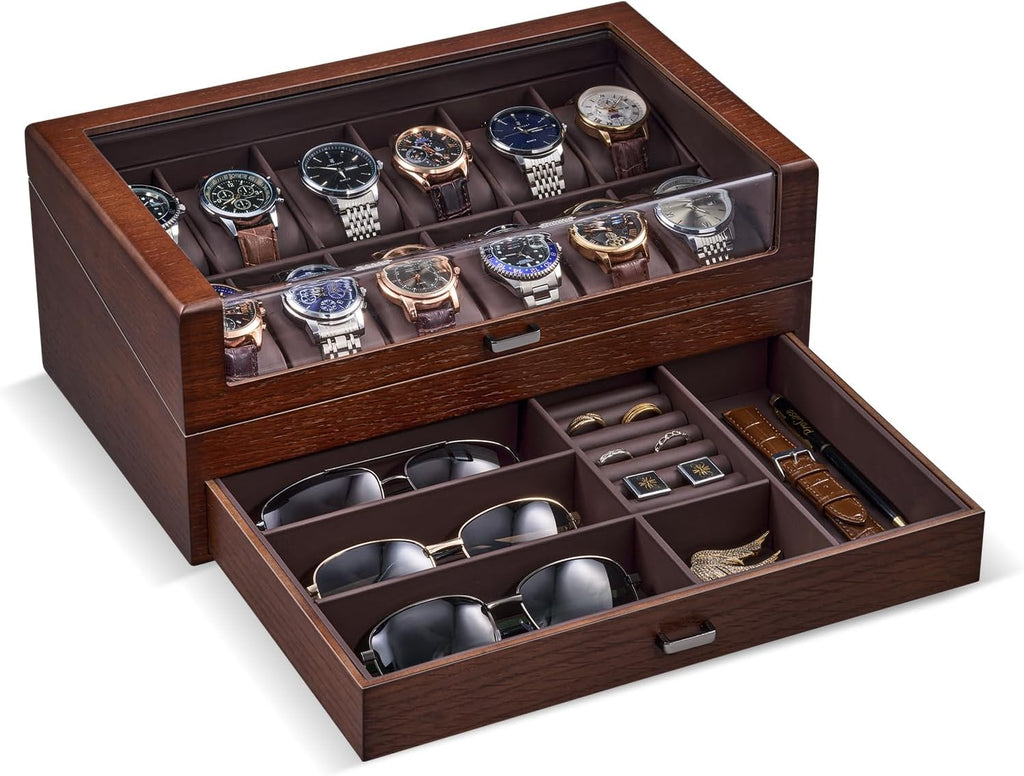 Valcourt™ Wooden 6-Slot Watch Box — 2-Layer with Valet Drawer, Black
