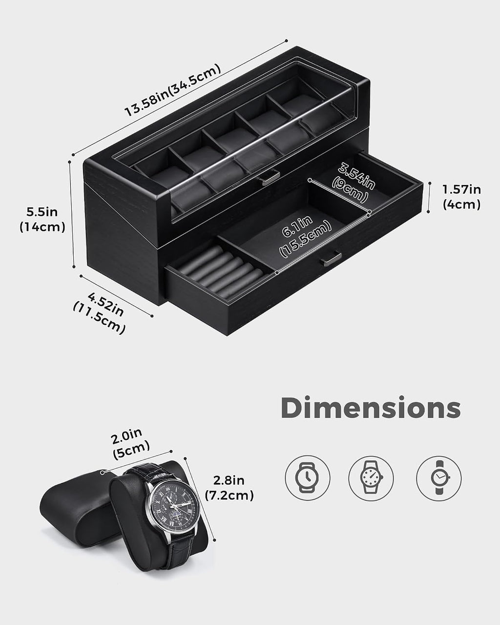 Valcourt™ Wooden 6-Slot Watch Box — 2-Layer with Valet Drawer, Black