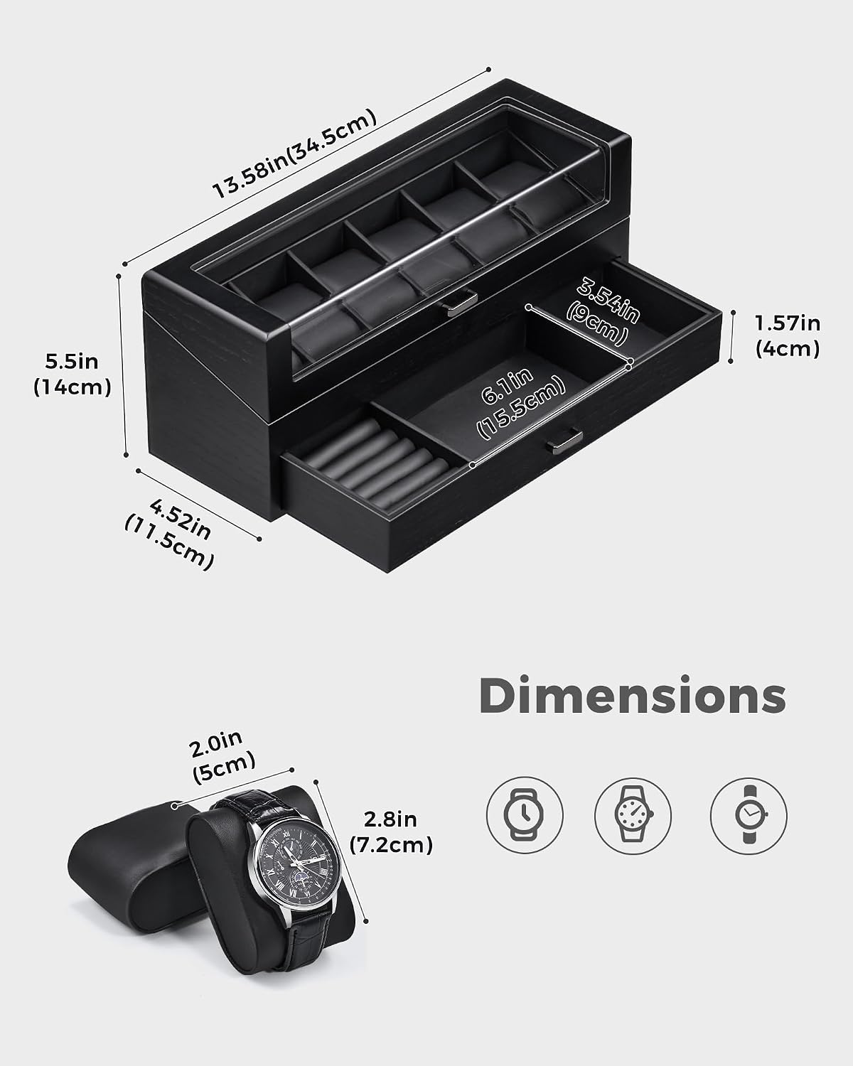 Valcourt™ Wooden 6-Slot Watch Box — 2-Layer with Valet Drawer, Black