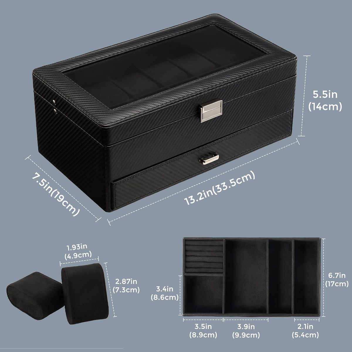 Valcourt™ 12-Slot Watch Box — All-Black with Valet Drawer