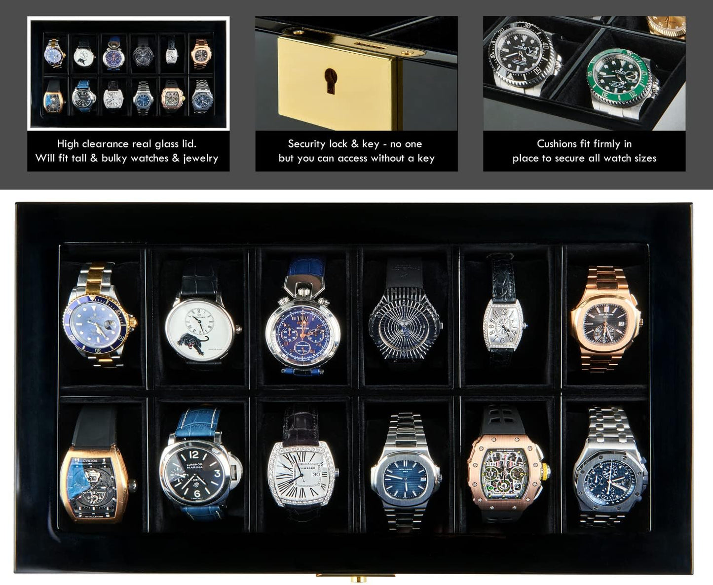 Luxury 12-Slot Watch Box Organizer – Lockable Glass Display Case with Velvet Lining