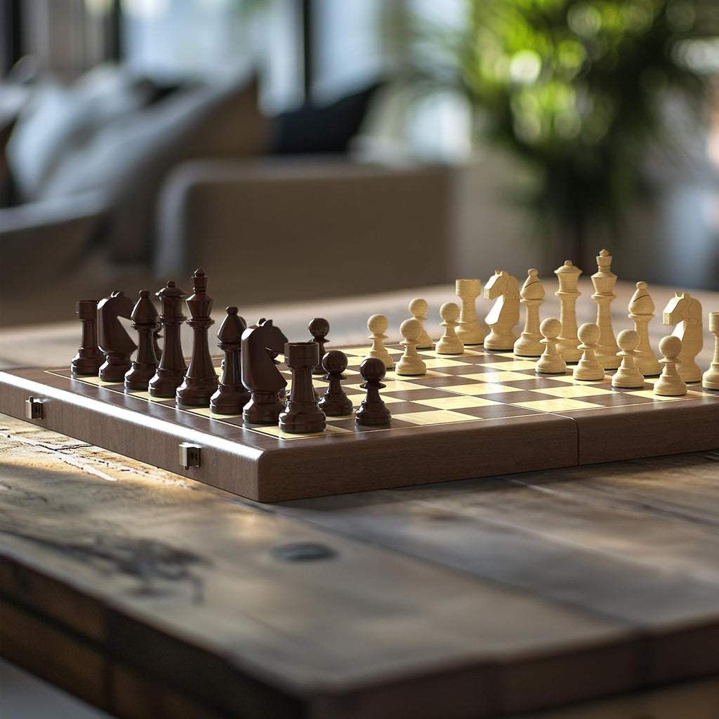 38 cm Walnut Chess and Checkers Set