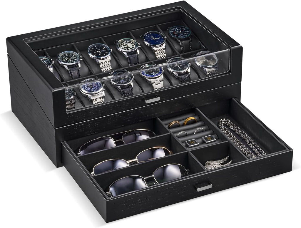 Valcourt™ Wooden 6-Slot Watch Box — 2-Layer with Valet Drawer, Black
