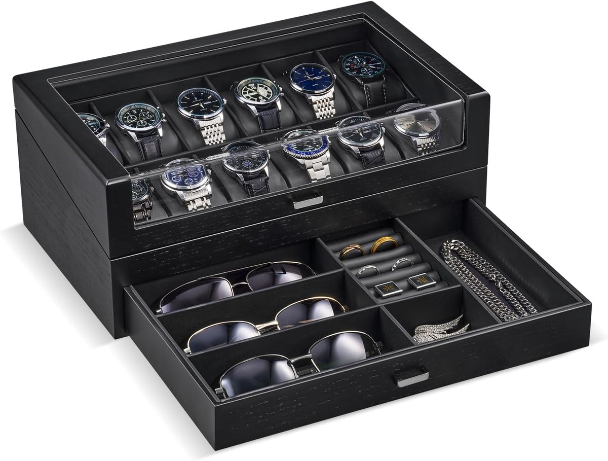Valcourt™ Wooden 6-Slot Watch Box — 2-Layer with Valet Drawer, Black