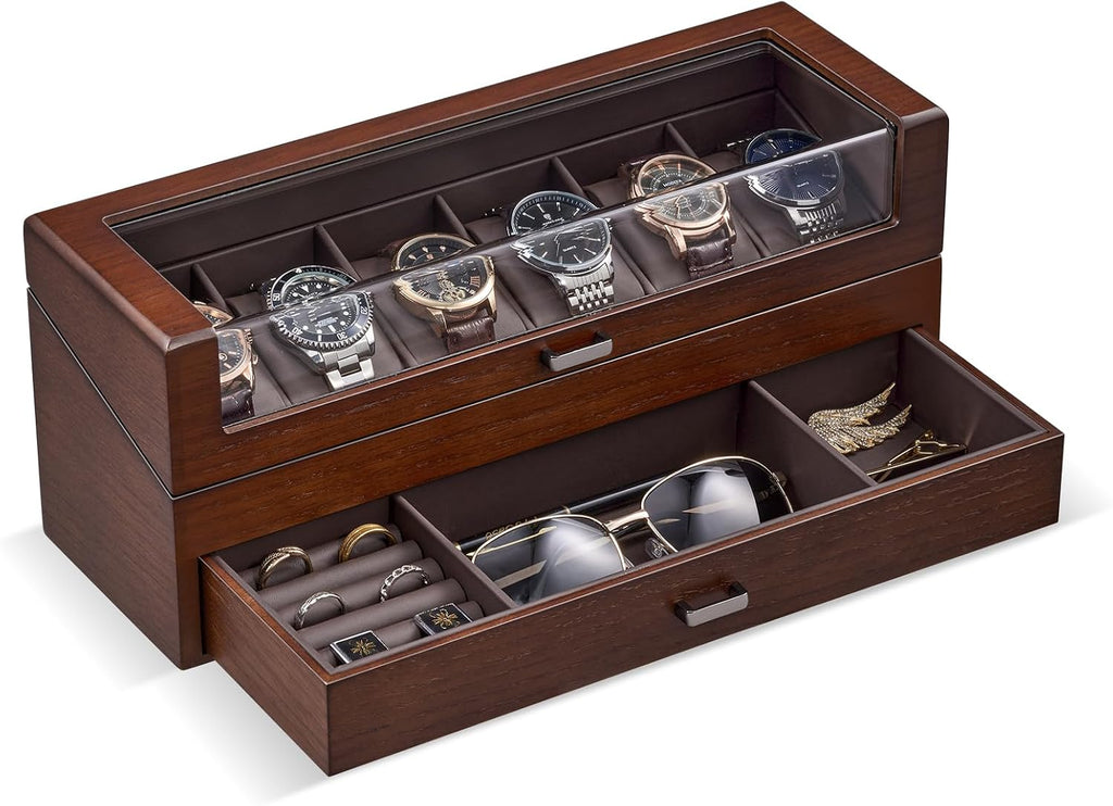 Valcourt™ Wooden 6-Slot Watch Box — 2-Layer with Valet Drawer, Black