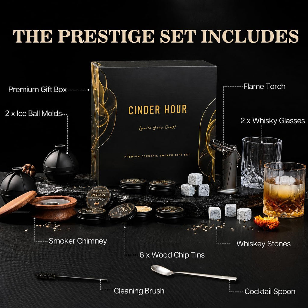 Emberton™ Whisky Smoker Gift Set — Torch, 2 Glasses & Whisky Stones