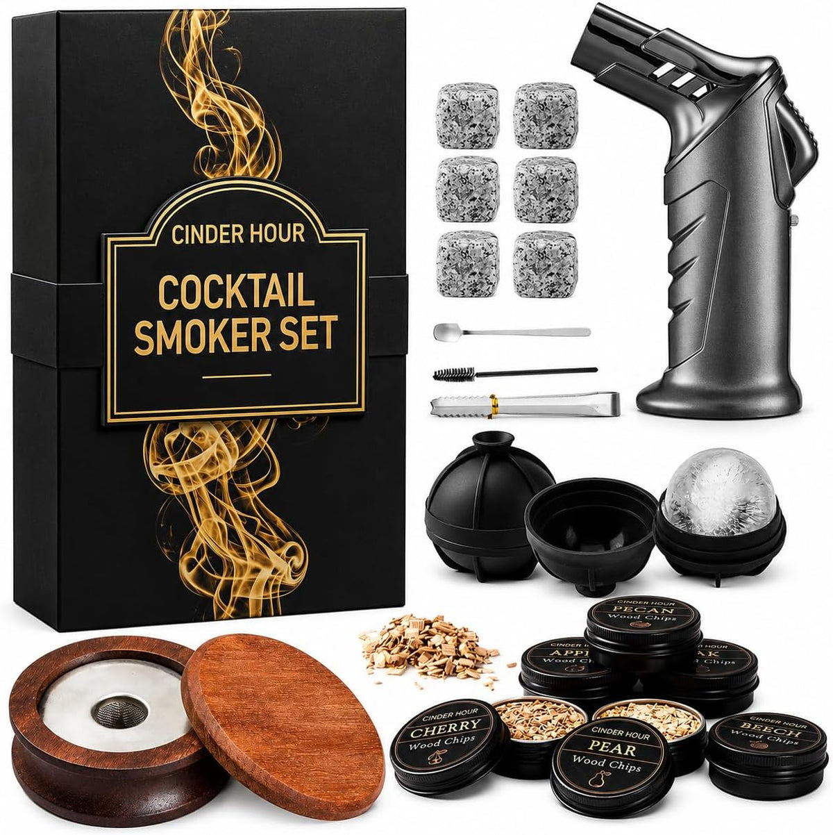 Emberton™ Whisky Smoker Gift Box — Torch, Whisky Stones & Ice Ball Moulds