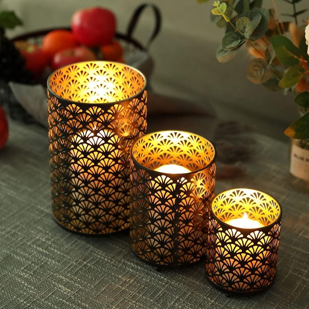 Set of 3 Metal Candle Holders Bronze Hurricane Pillar Candleholder