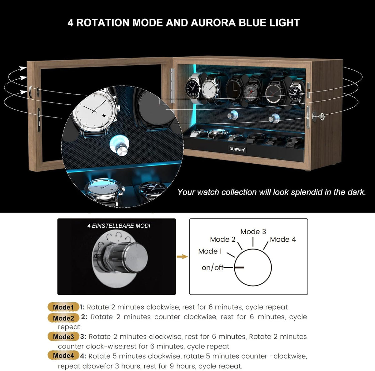 Rotare™ Grand Watch Winder — Wood Cabinet, 4 Winders + 6 Storage, Blue Backlight
