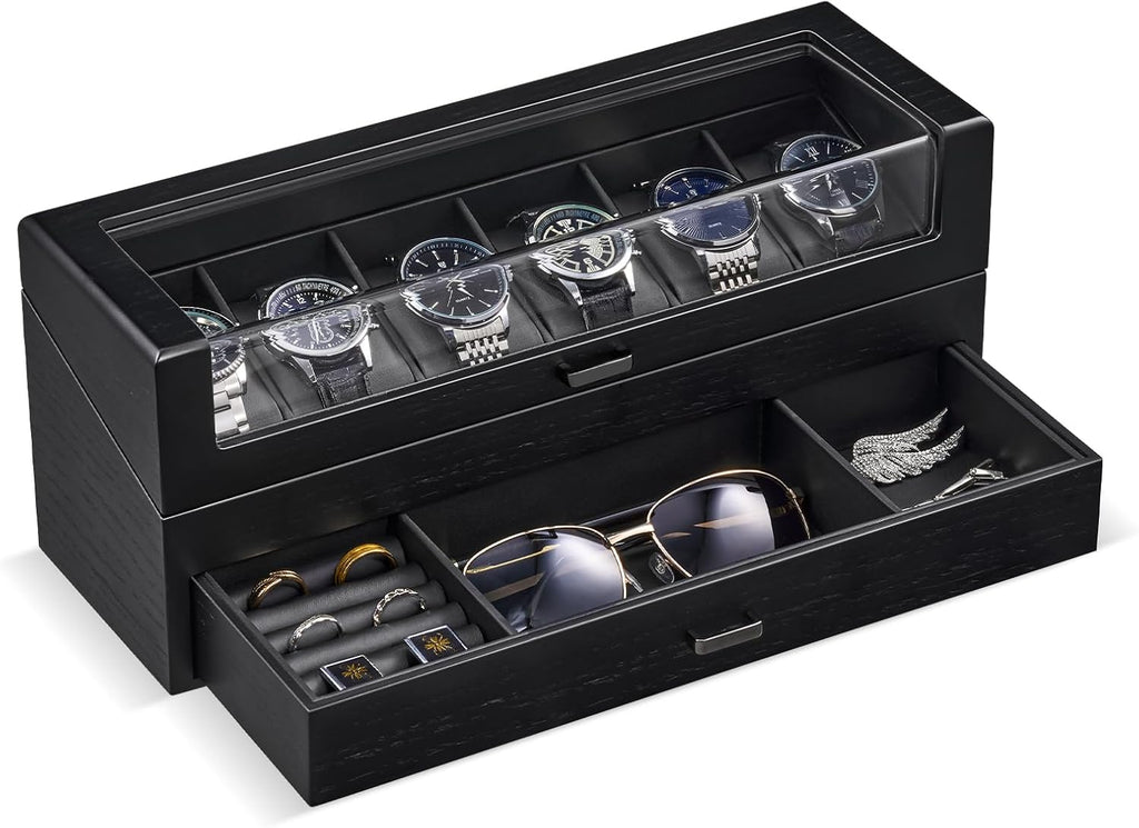 Valcourt™ Wooden 6-Slot Watch Box — 2-Layer with Valet Drawer, Black